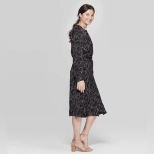 A New Day Black Midi Dress with Blush Leaf Pattern